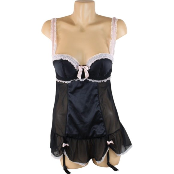 La Senza Negligee Black Pink Medium Ruffles Lace Garter Straps French Maid N122 - Picture 1 of 14